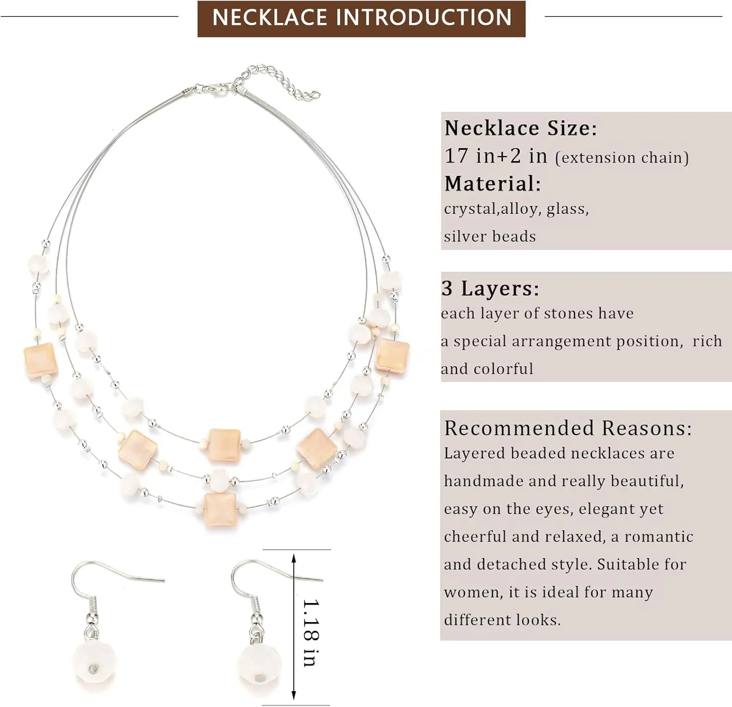 Layered Silver Beaded Necklace for Women Square Crystal Beads Statement Collar Necklace and Earrings Fashion Costumes Jewelry Sets for Women