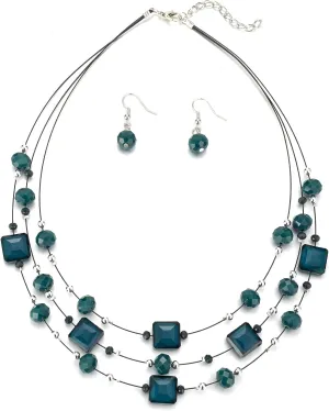 Layered Silver Beaded Necklace for Women Square Crystal Beads Statement Collar Necklace and Earrings Fashion Costumes Jewelry Sets for Women