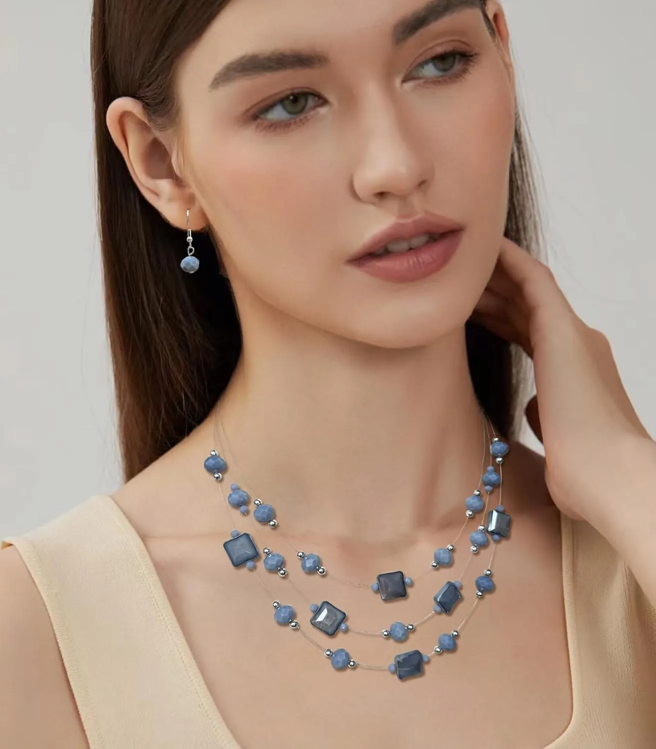 Layered Silver Beaded Necklace for Women Square Crystal Beads Statement Collar Necklace and Earrings Fashion Costumes Jewelry Sets for Women