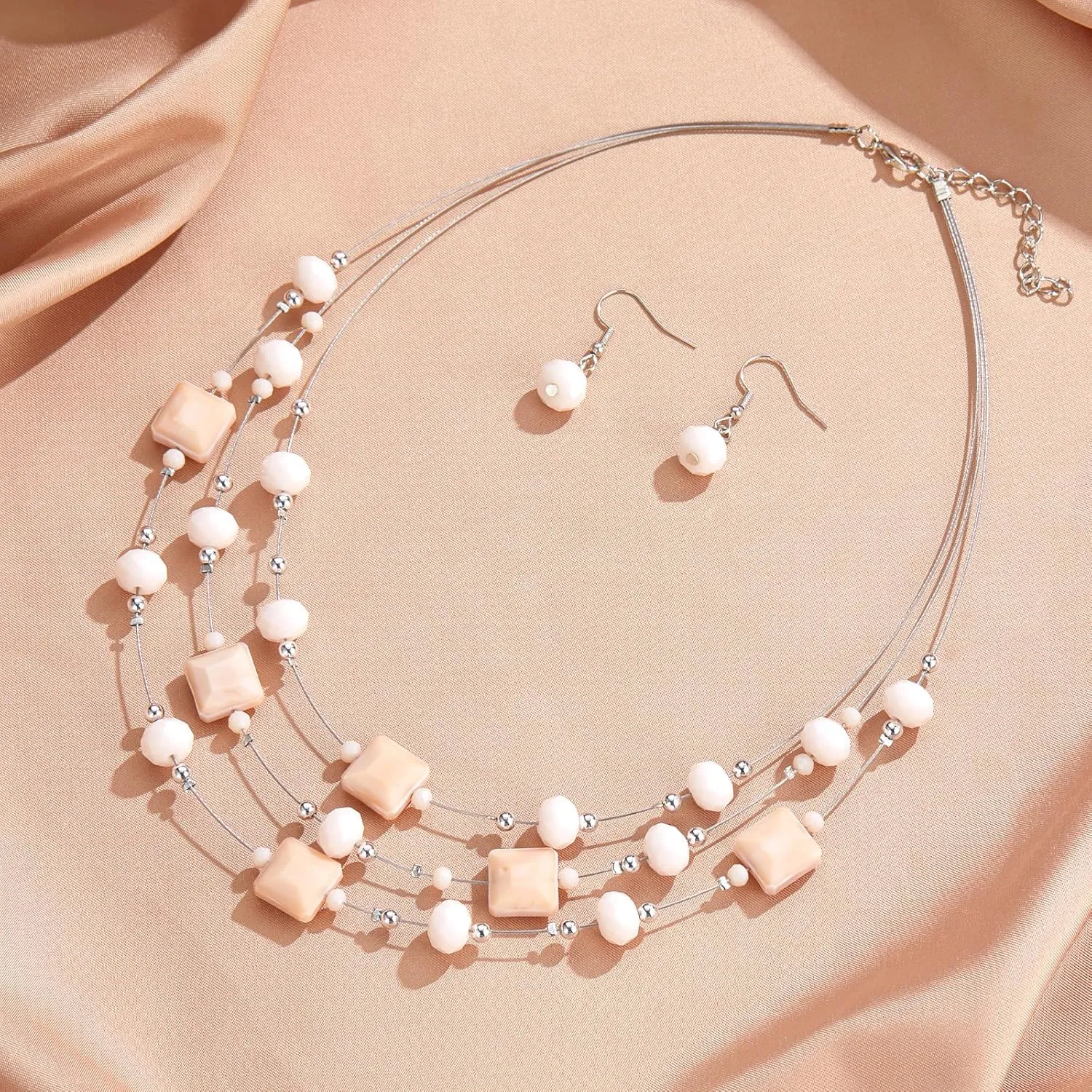 Layered Silver Beaded Necklace for Women Square Crystal Beads Statement Collar Necklace and Earrings Fashion Costumes Jewelry Sets for Women