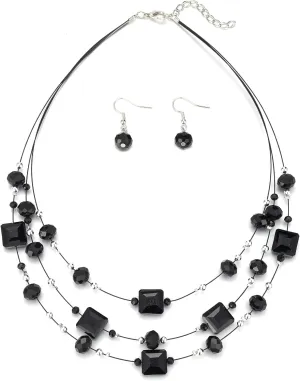 Layered Silver Beaded Necklace for Women Square Crystal Beads Statement Collar Necklace and Earrings Fashion Costumes Jewelry Sets for Women