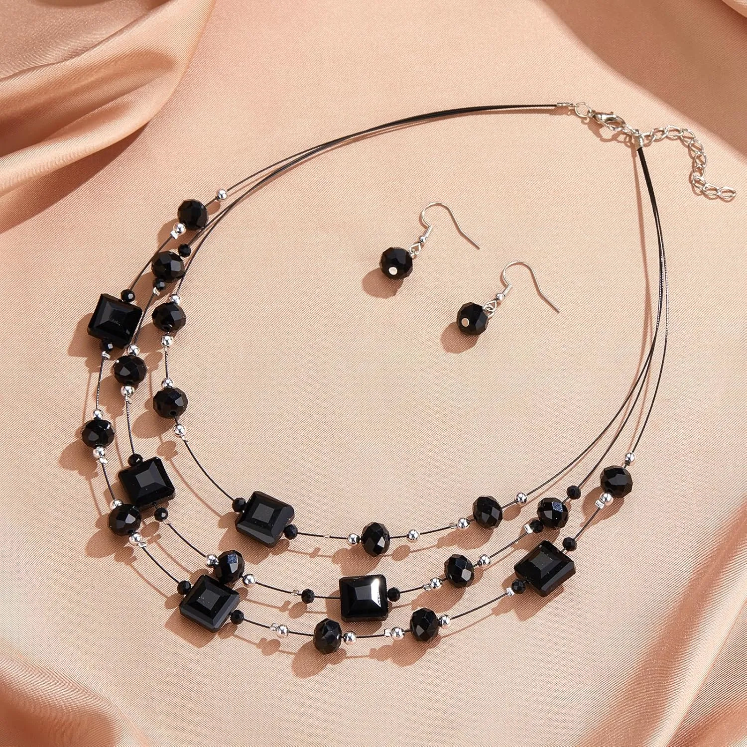 Layered Silver Beaded Necklace for Women Square Crystal Beads Statement Collar Necklace and Earrings Fashion Costumes Jewelry Sets for Women