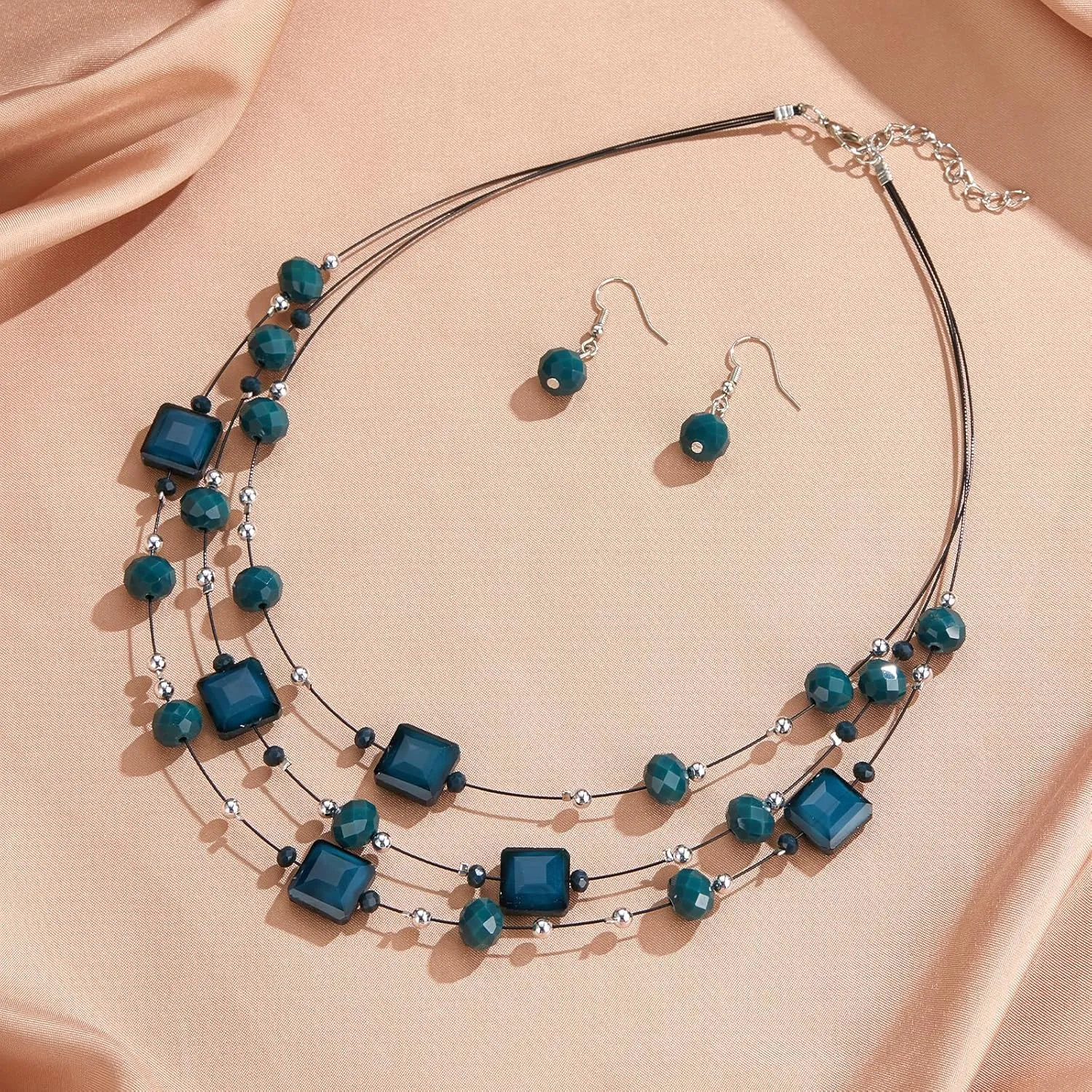 Layered Silver Beaded Necklace for Women Square Crystal Beads Statement Collar Necklace and Earrings Fashion Costumes Jewelry Sets for Women