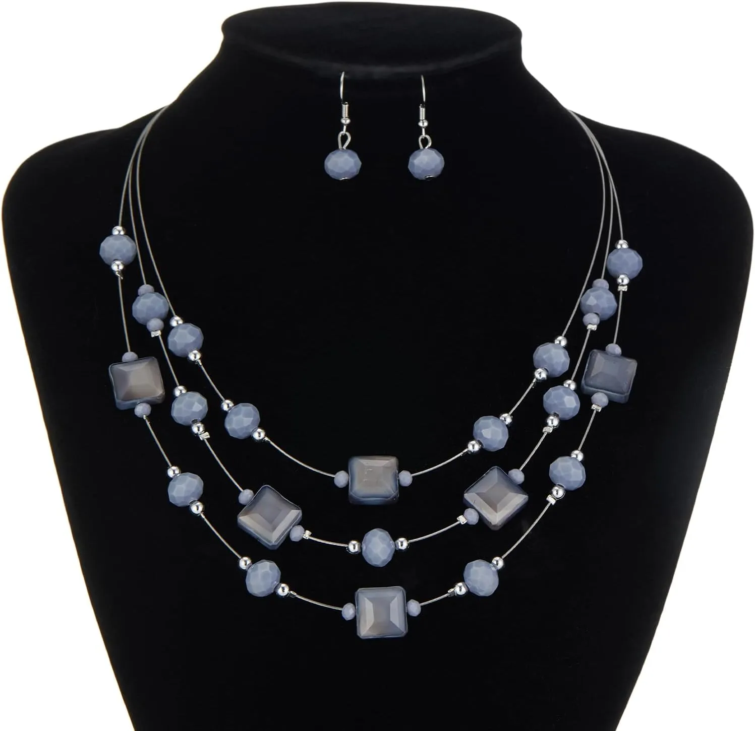 Layered Silver Beaded Necklace for Women Square Crystal Beads Statement Collar Necklace and Earrings Fashion Costumes Jewelry Sets for Women