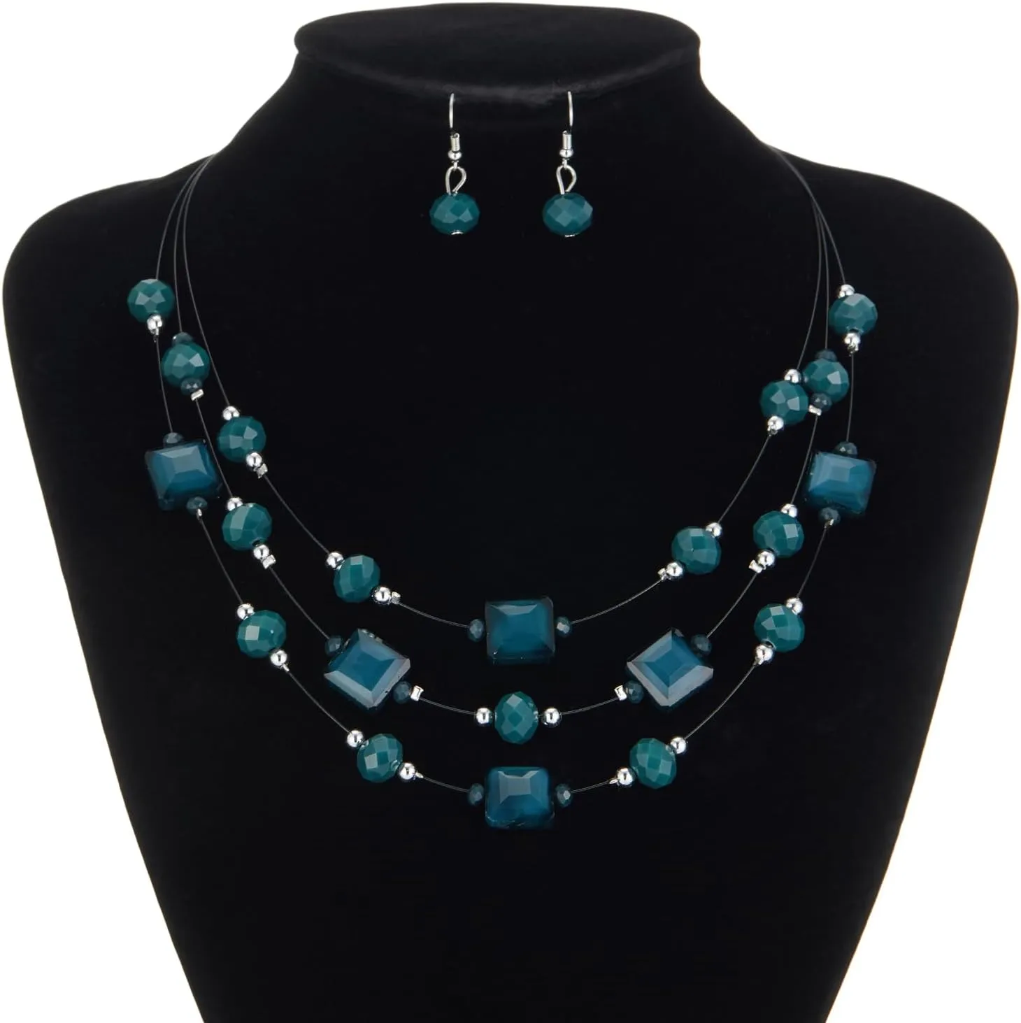Layered Silver Beaded Necklace for Women Square Crystal Beads Statement Collar Necklace and Earrings Fashion Costumes Jewelry Sets for Women