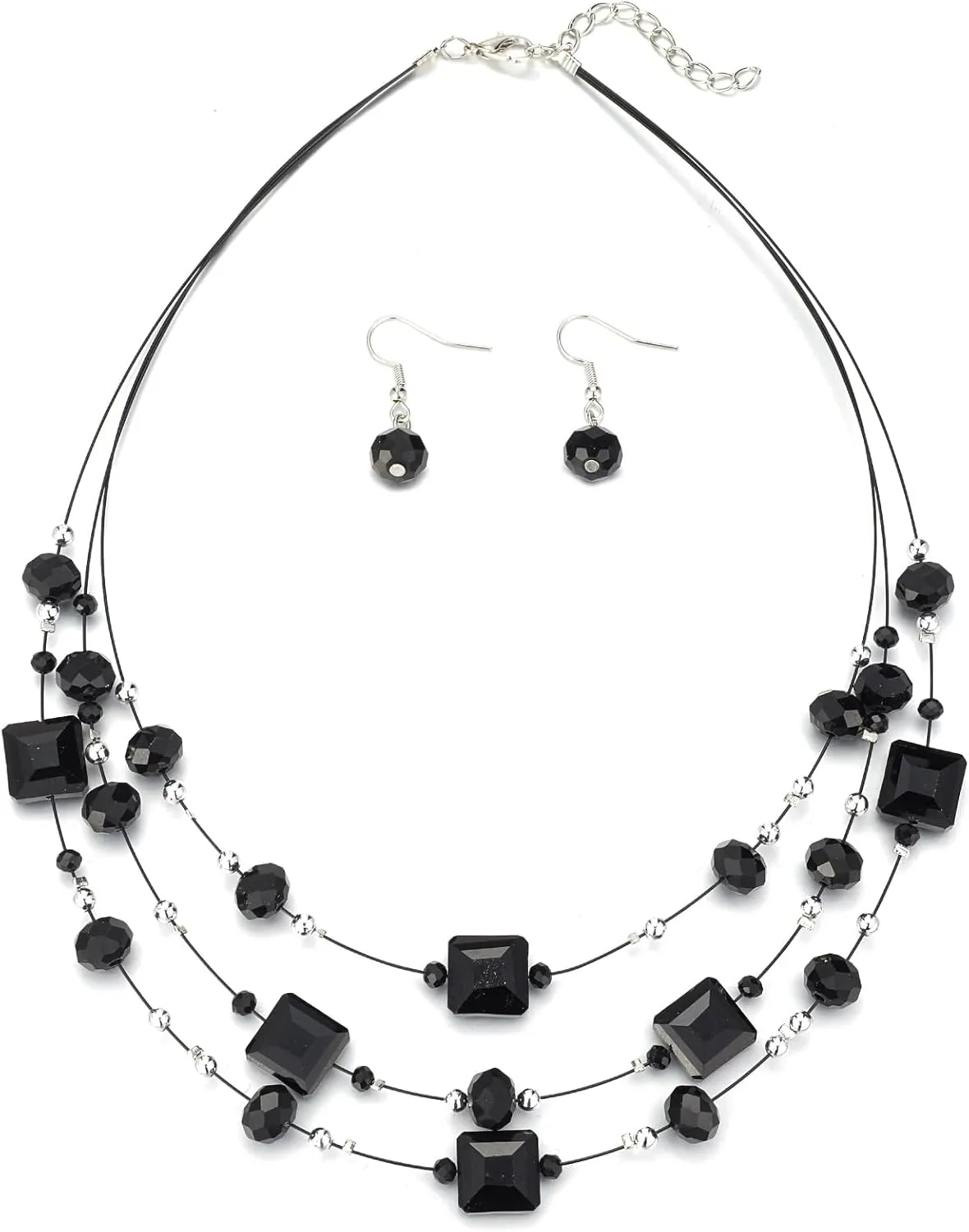 Layered Silver Beaded Necklace for Women Square Crystal Beads Statement Collar Necklace and Earrings Fashion Costumes Jewelry Sets for Women