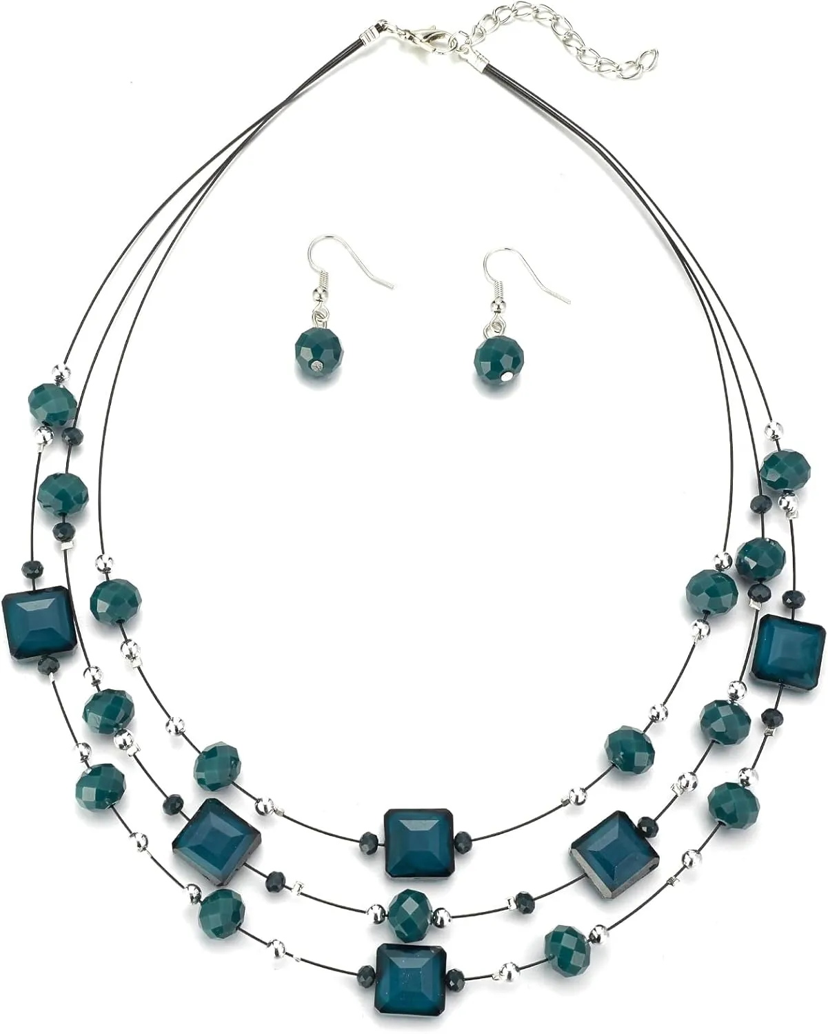 Layered Silver Beaded Necklace for Women Square Crystal Beads Statement Collar Necklace and Earrings Fashion Costumes Jewelry Sets for Women