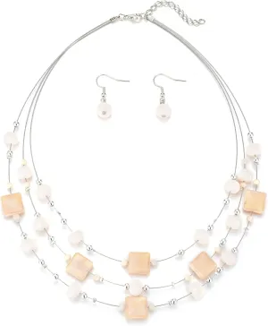 Layered Silver Beaded Necklace for Women Square Crystal Beads Statement Collar Necklace and Earrings Fashion Costumes Jewelry Sets for Women