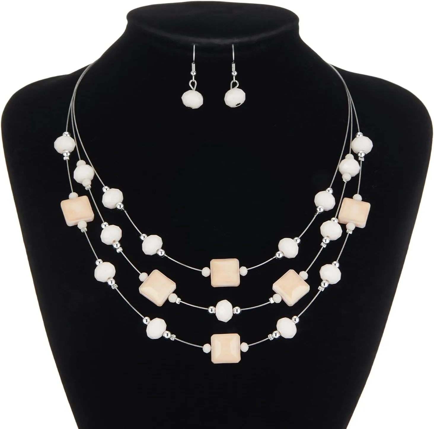 Layered Silver Beaded Necklace for Women Square Crystal Beads Statement Collar Necklace and Earrings Fashion Costumes Jewelry Sets for Women