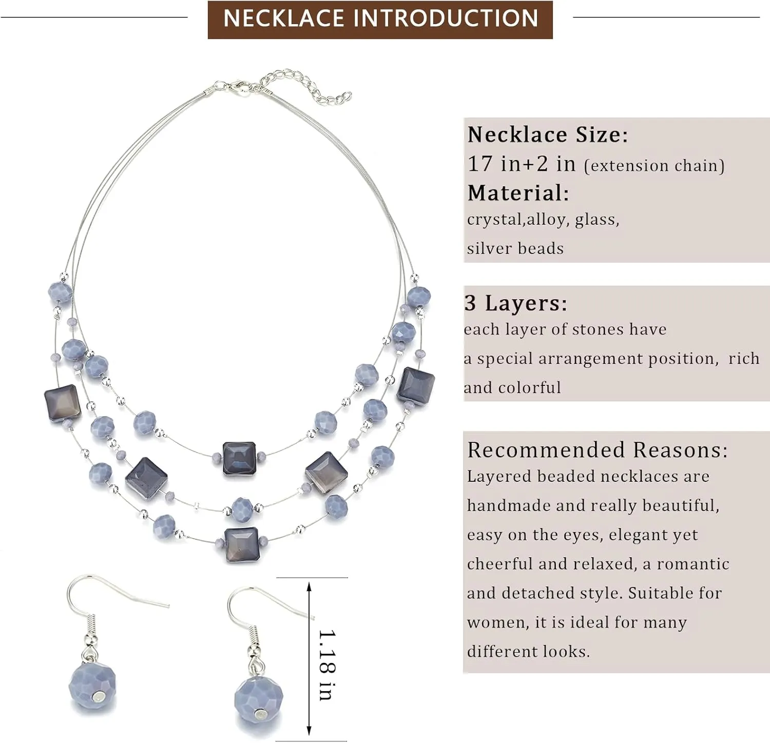 Layered Silver Beaded Necklace for Women Square Crystal Beads Statement Collar Necklace and Earrings Fashion Costumes Jewelry Sets for Women
