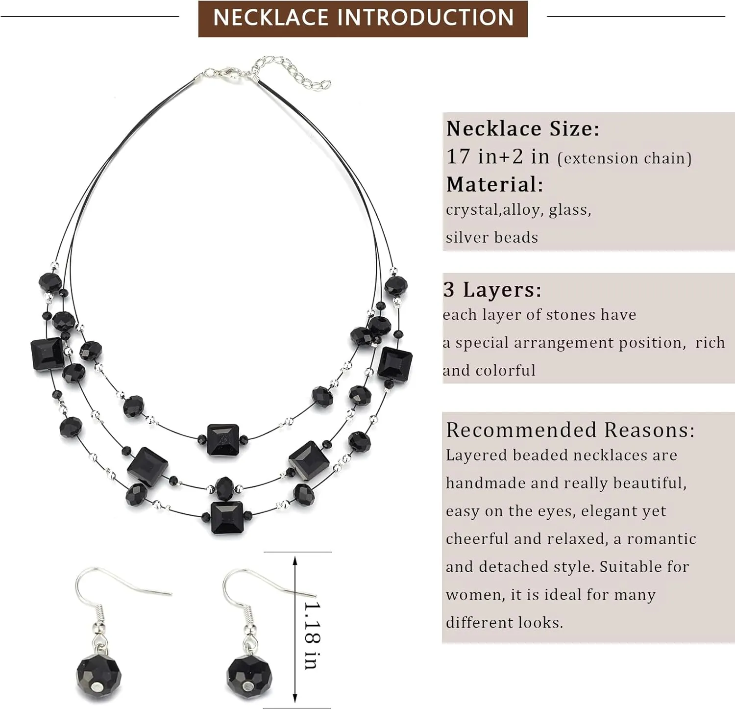 Layered Silver Beaded Necklace for Women Square Crystal Beads Statement Collar Necklace and Earrings Fashion Costumes Jewelry Sets for Women