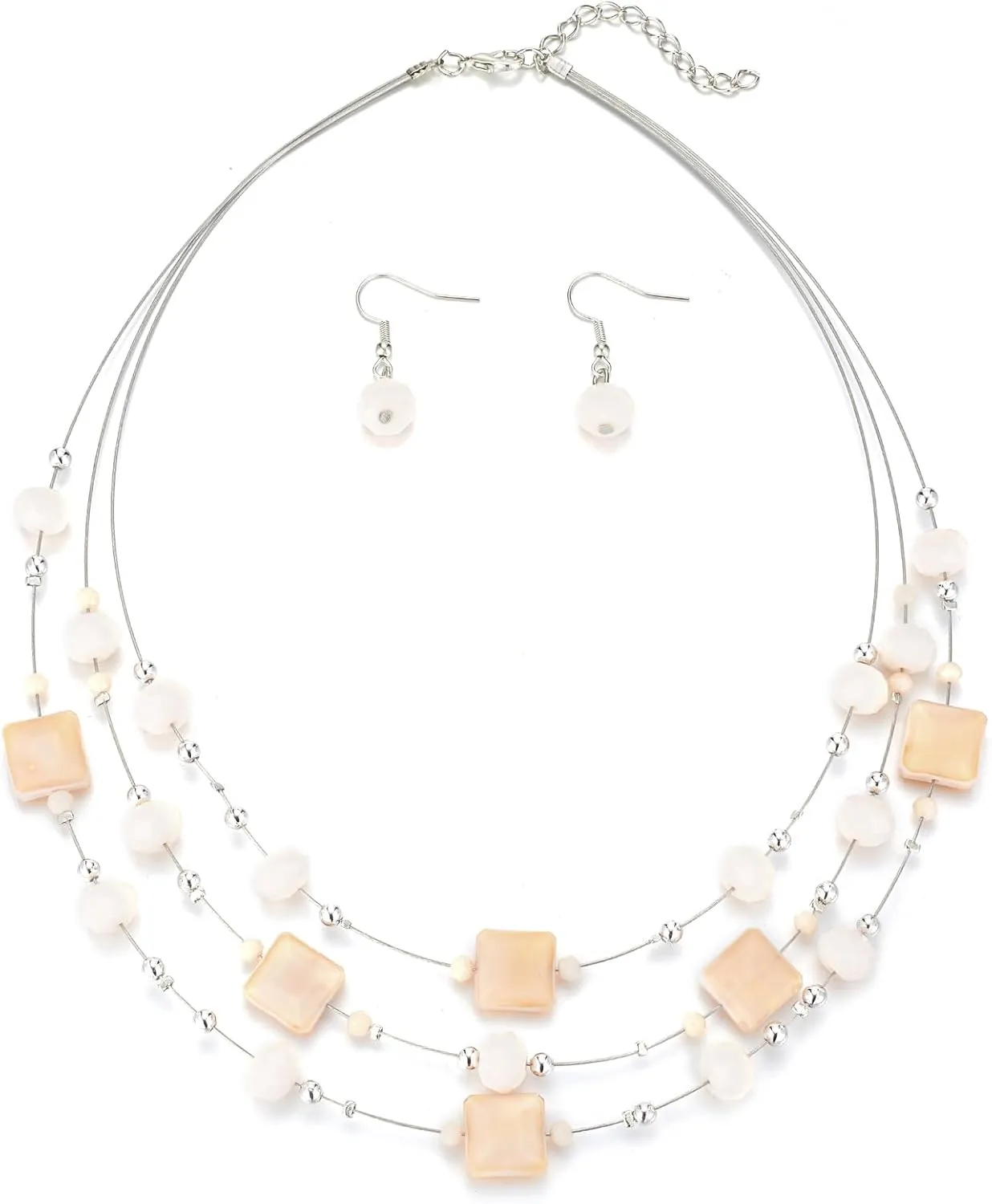Layered Silver Beaded Necklace for Women Square Crystal Beads Statement Collar Necklace and Earrings Fashion Costumes Jewelry Sets for Women