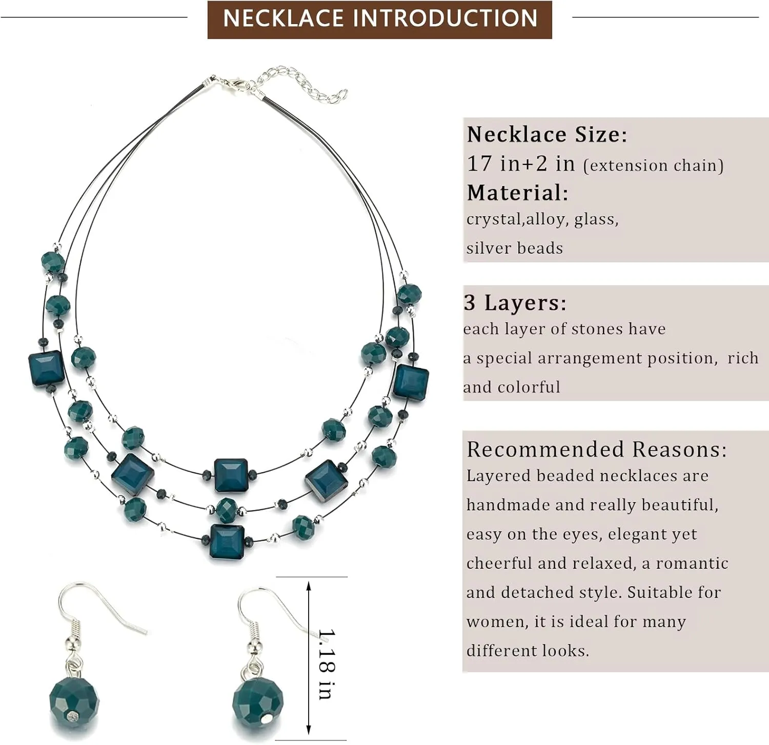 Layered Silver Beaded Necklace for Women Square Crystal Beads Statement Collar Necklace and Earrings Fashion Costumes Jewelry Sets for Women