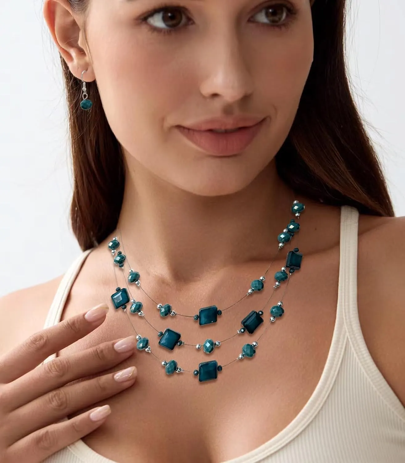 Layered Silver Beaded Necklace for Women Square Crystal Beads Statement Collar Necklace and Earrings Fashion Costumes Jewelry Sets for Women