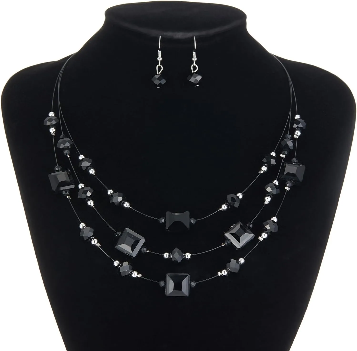 Layered Silver Beaded Necklace for Women Square Crystal Beads Statement Collar Necklace and Earrings Fashion Costumes Jewelry Sets for Women
