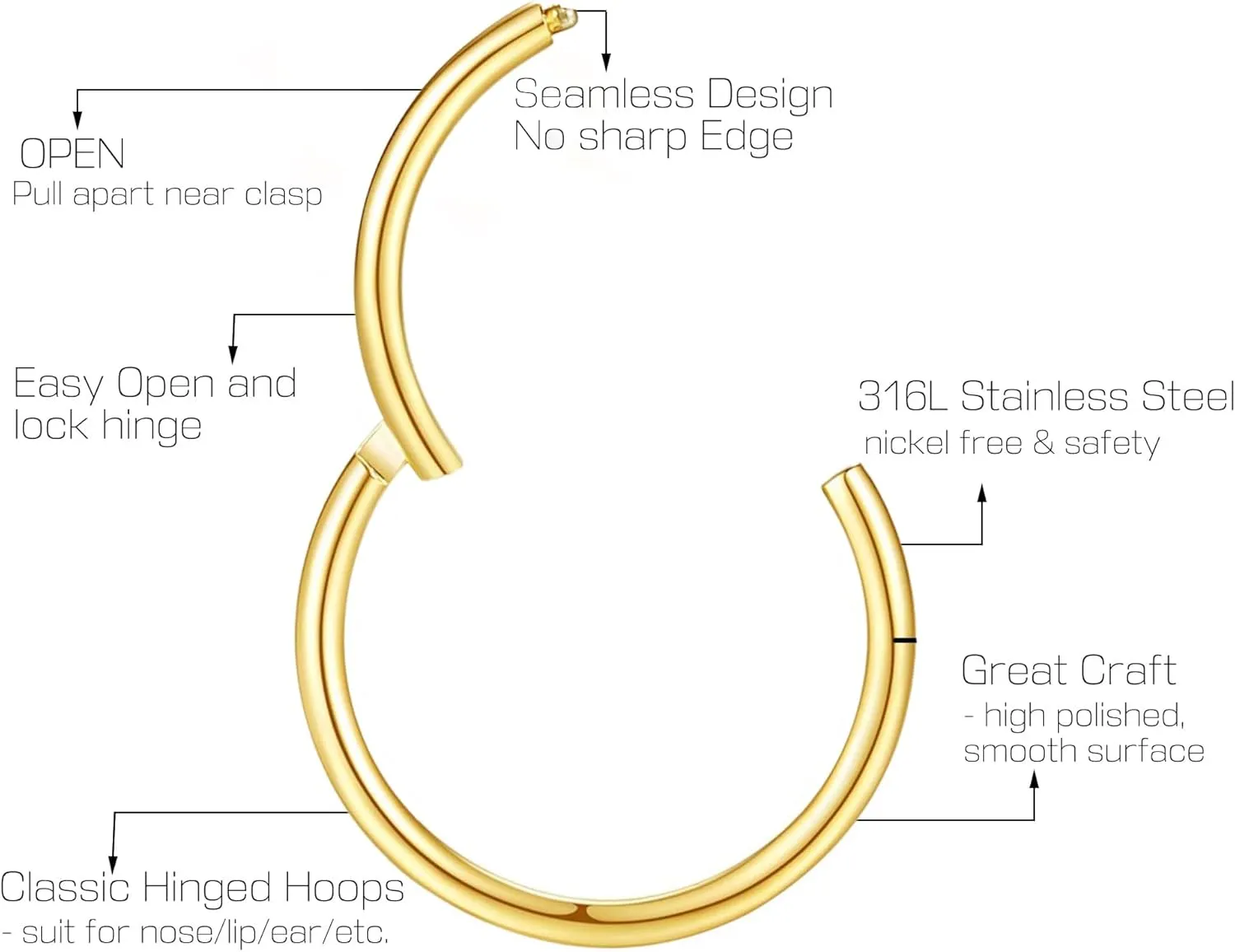 Ldurian Nose Rings for Women, Gold Hypoallergenic Nose Ring Hoop, 316L Surgical Steel Septum Cartilage Earring, 20G 18G 16G 14 Guage Diameter 5mm to 16mm Body Piercing Lip Jewelry