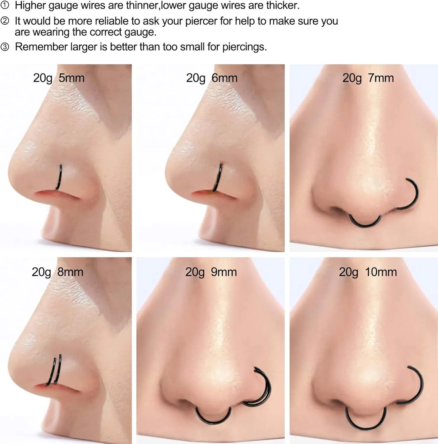Ldurian Nose Rings for Women, Gold Hypoallergenic Nose Ring Hoop, 316L Surgical Steel Septum Cartilage Earring, 20G 18G 16G 14 Guage Diameter 5mm to 16mm Body Piercing Lip Jewelry