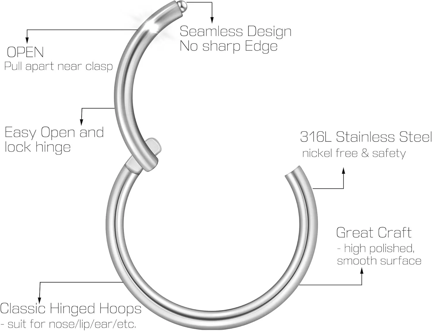 Ldurian Nose Rings for Women, Gold Hypoallergenic Nose Ring Hoop, 316L Surgical Steel Septum Cartilage Earring, 20G 18G 16G 14 Guage Diameter 5mm to 16mm Body Piercing Lip Jewelry