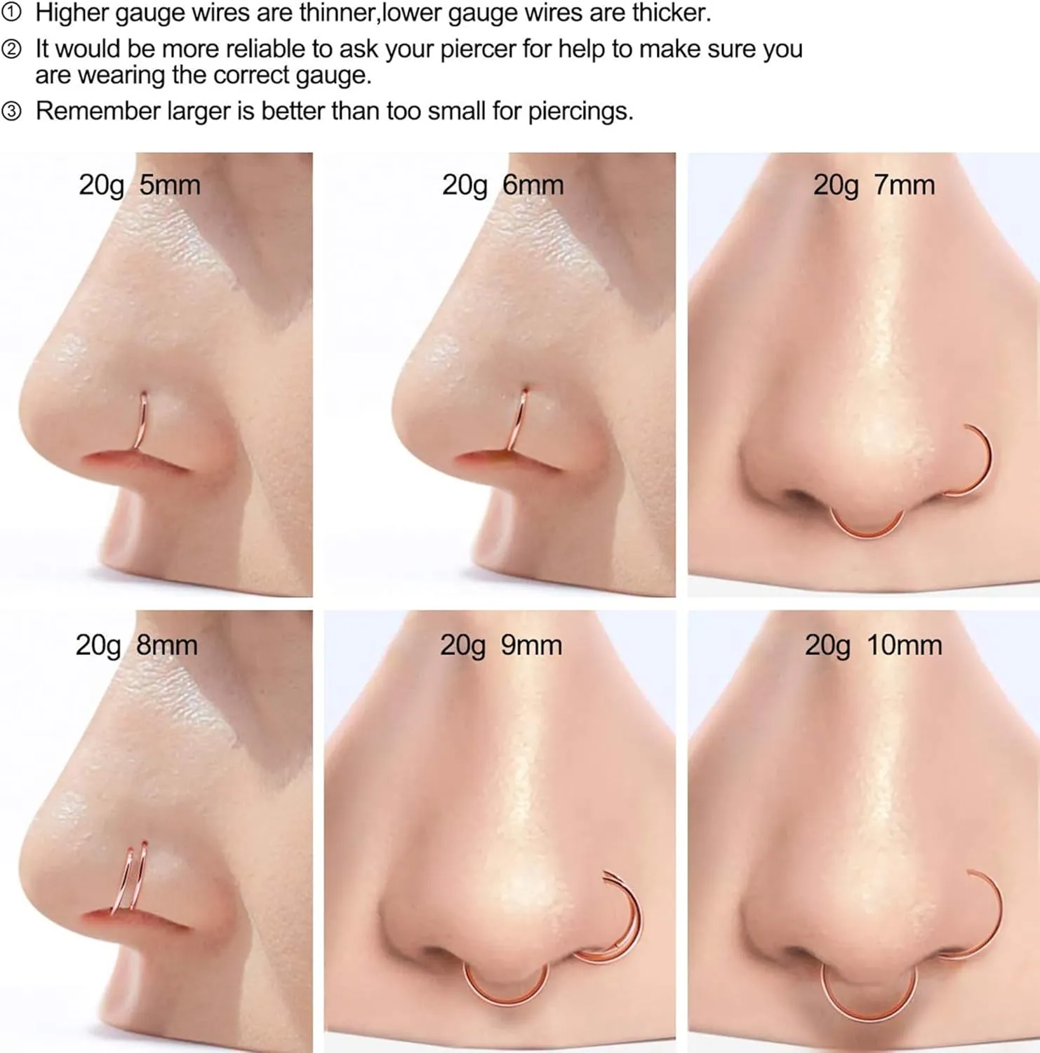 Ldurian Nose Rings for Women, Gold Hypoallergenic Nose Ring Hoop, 316L Surgical Steel Septum Cartilage Earring, 20G 18G 16G 14 Guage Diameter 5mm to 16mm Body Piercing Lip Jewelry