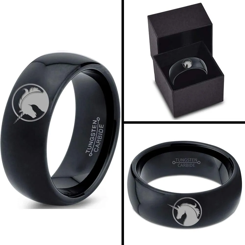 Legendary Mythical Unicorn Ring - Tungsten Band 8mm - Men - Women - 18k Rose Gold Step Bevel Edge - Yellow - Grey - Blue - Black - Brushed - Polished - Wedding - Gift Dome Flat