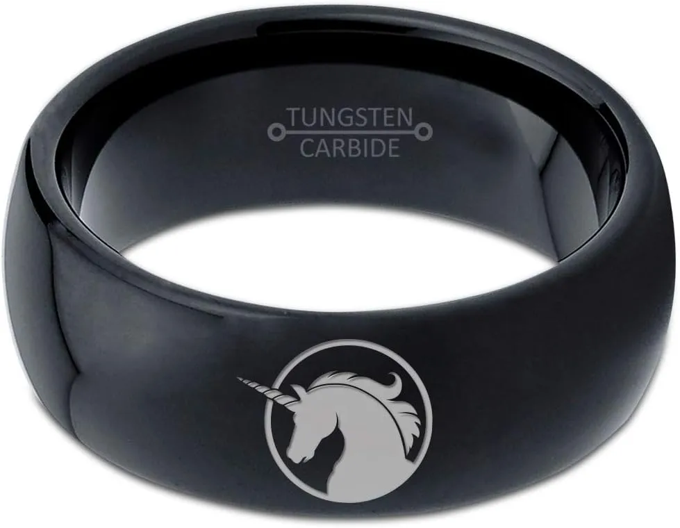 Legendary Mythical Unicorn Ring - Tungsten Band 8mm - Men - Women - 18k Rose Gold Step Bevel Edge - Yellow - Grey - Blue - Black - Brushed - Polished - Wedding - Gift Dome Flat