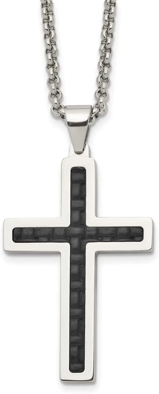 Lex & Lu Chisel Stainless Steel Black Genuine Leather Inlay Cross Necklace 20''