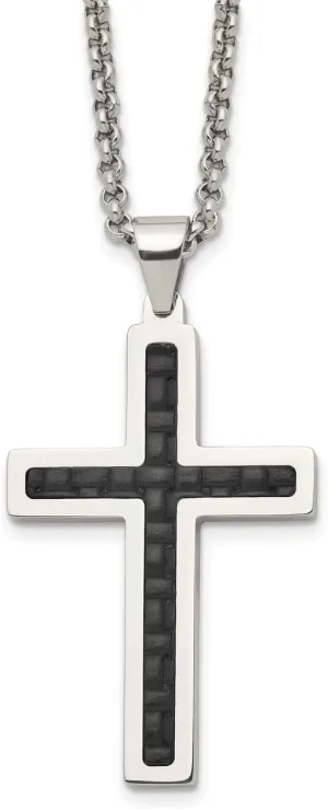 Lex & Lu Chisel Stainless Steel Black Genuine Leather Inlay Cross Necklace 20''