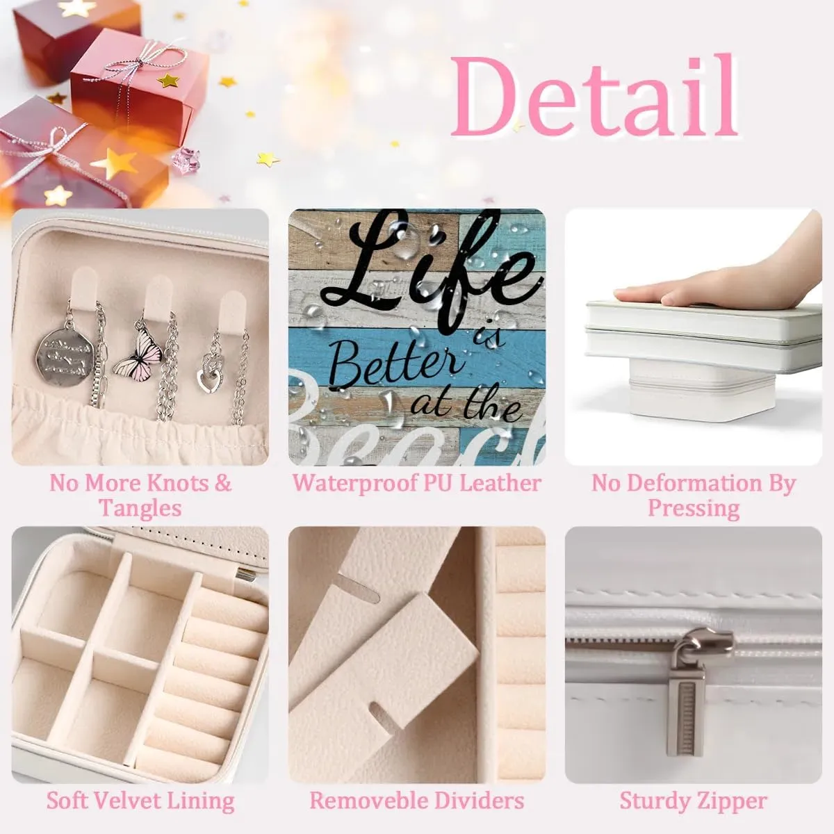 Life At Beach Theme Wall Travel Jewelry Case Organizer, Jewelry Boxes with Mirror, PU Leather Jewelry Storage Holder for Rings Earrings Pendants Necklaces, Gifts for Girls Women