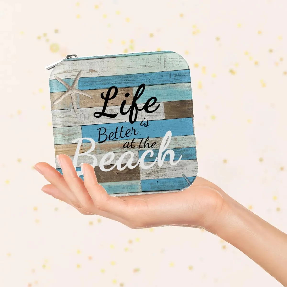 Life At Beach Theme Wall Travel Jewelry Case Organizer, Jewelry Boxes with Mirror, PU Leather Jewelry Storage Holder for Rings Earrings Pendants Necklaces, Gifts for Girls Women