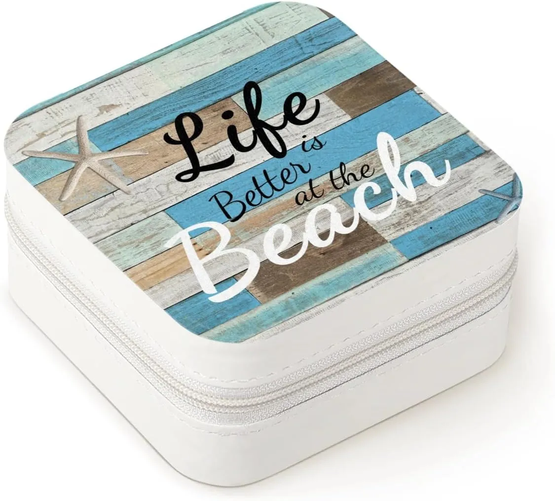 Life At Beach Theme Wall Travel Jewelry Case Organizer, Jewelry Boxes with Mirror, PU Leather Jewelry Storage Holder for Rings Earrings Pendants Necklaces, Gifts for Girls Women