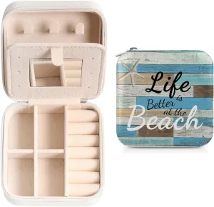 Life At Beach Theme Wall Travel Jewelry Case Organizer, Jewelry Boxes with Mirror, PU Leather Jewelry Storage Holder for Rings Earrings Pendants Necklaces, Gifts for Girls Women