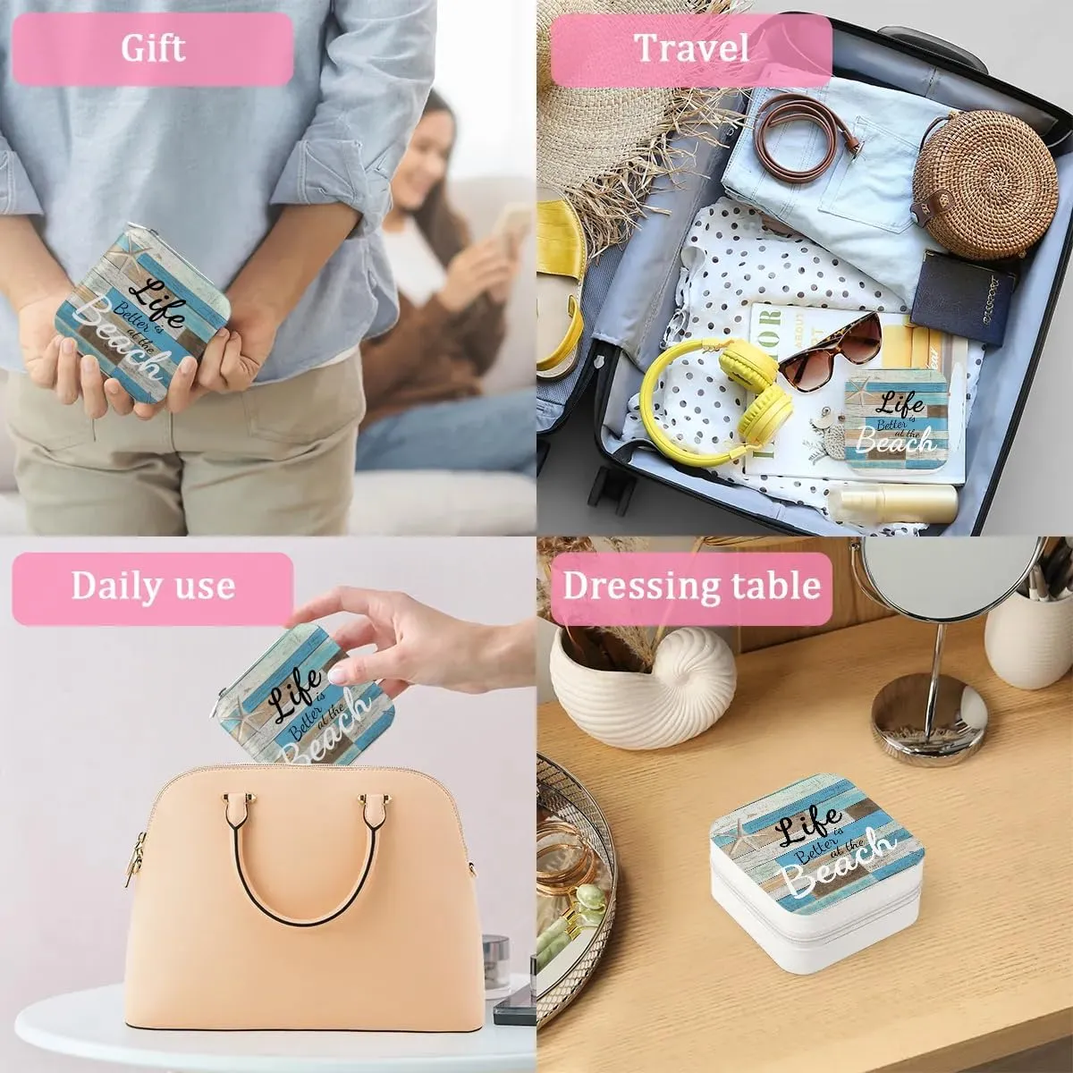 Life At Beach Theme Wall Travel Jewelry Case Organizer, Jewelry Boxes with Mirror, PU Leather Jewelry Storage Holder for Rings Earrings Pendants Necklaces, Gifts for Girls Women