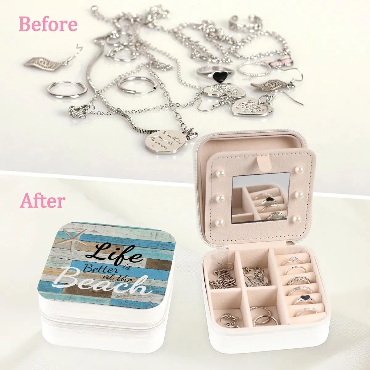 Life At Beach Theme Wall Travel Jewelry Case Organizer, Jewelry Boxes with Mirror, PU Leather Jewelry Storage Holder for Rings Earrings Pendants Necklaces, Gifts for Girls Women