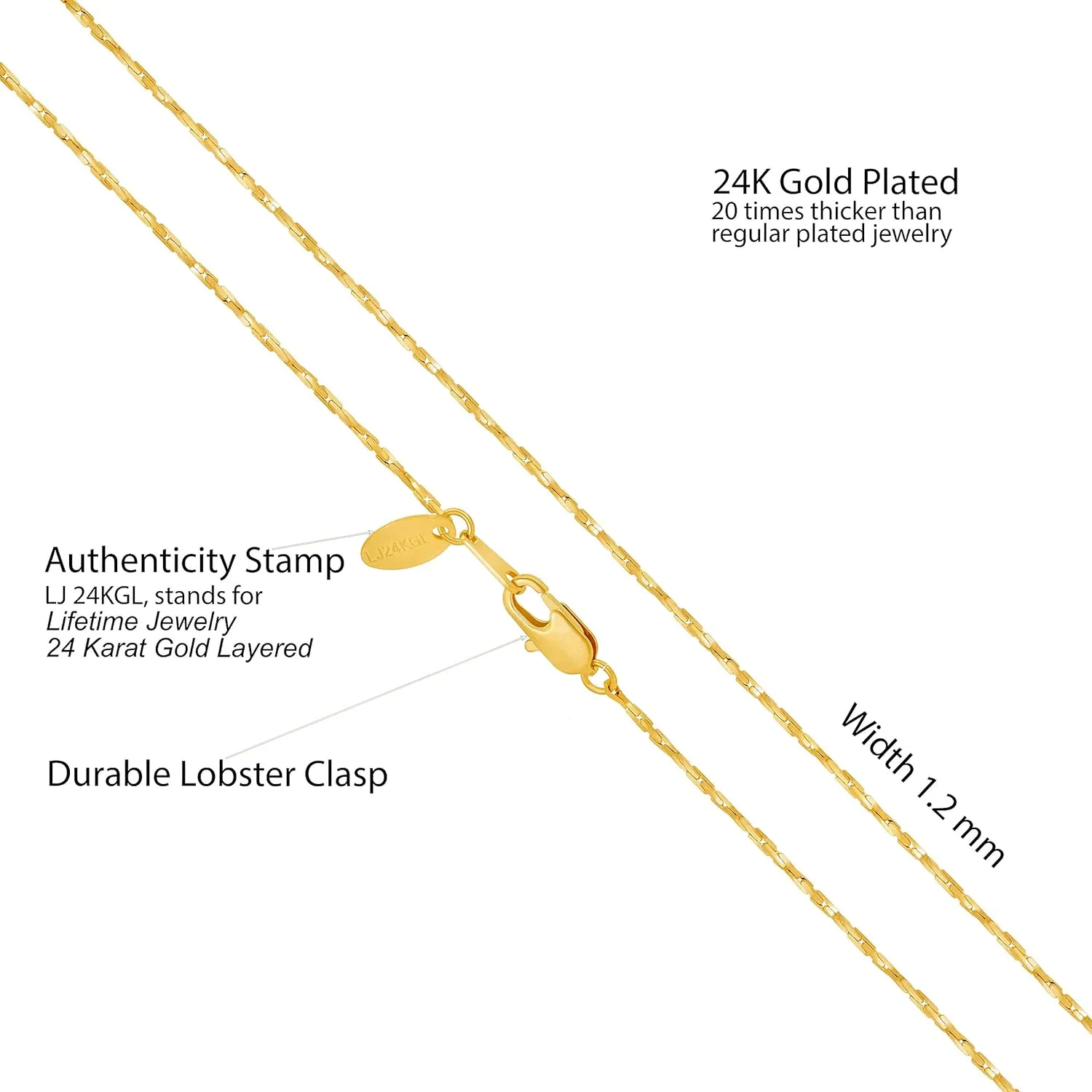 LIFETIME JEWELRY 1.2mm Twisted Cobra Chain Necklace for Women & Men 24k Gold Plated