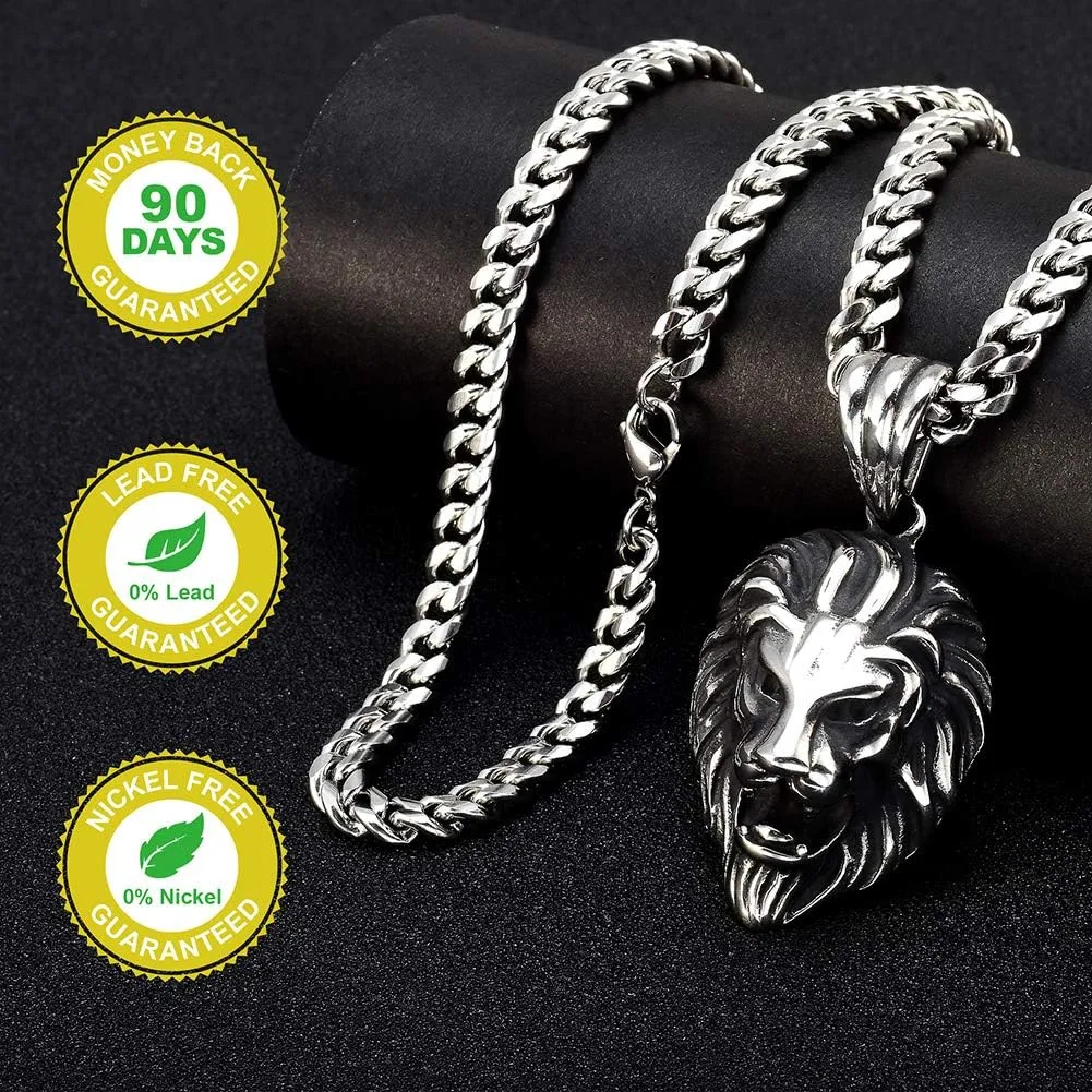 Lion Necklace 18K Gold Stainless Steel Head Pendant Necklace Mens Hip Hop Rapper With 6MM Miami Stainless Steel Cuban Link Chain 24inches