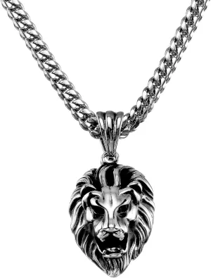 Lion Necklace 18K Gold Stainless Steel Head Pendant Necklace Mens Hip Hop Rapper With 6MM Miami Stainless Steel Cuban Link Chain 24inches