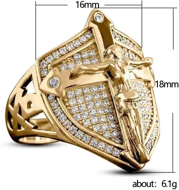 LIOYSIUT 14K Gold Plated Cross Shield Ring Christian Jesus Cross Ring for Men Religious Amulet Ring, Christian Catholic Ring Jewelry for Men, Unique Gifts for Men Size 10