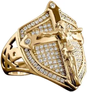 LIOYSIUT 14K Gold Plated Cross Shield Ring Christian Jesus Cross Ring for Men Religious Amulet Ring, Christian Catholic Ring Jewelry for Men, Unique Gifts for Men Size 10
