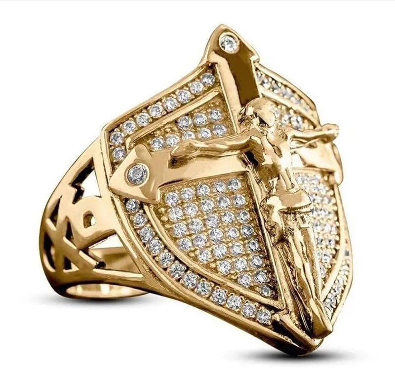 LIOYSIUT 14K Gold Plated Cross Shield Ring Christian Jesus Cross Ring for Men Religious Amulet Ring, Christian Catholic Ring Jewelry for Men, Unique Gifts for Men Size 10