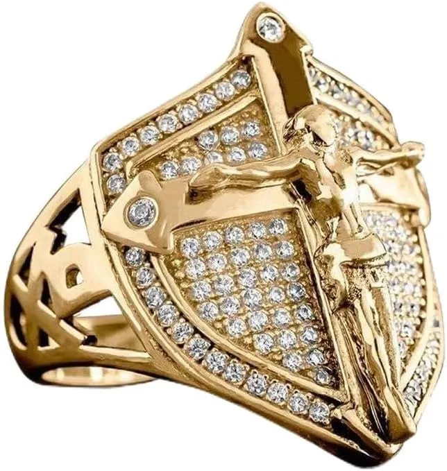 LIOYSIUT 14K Gold Plated Cross Shield Ring Christian Jesus Cross Ring for Men Religious Amulet Ring, Christian Catholic Ring Jewelry for Men, Unique Gifts for Men Size 10