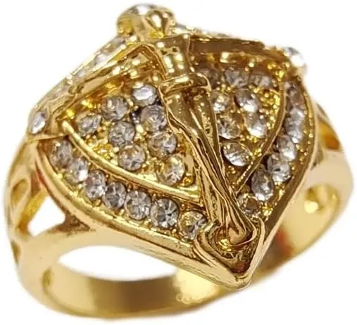 LIOYSIUT 14K Gold Plated Cross Shield Ring Christian Jesus Cross Ring for Men Religious Amulet Ring, Christian Catholic Ring Jewelry for Men, Unique Gifts for Men Size 10