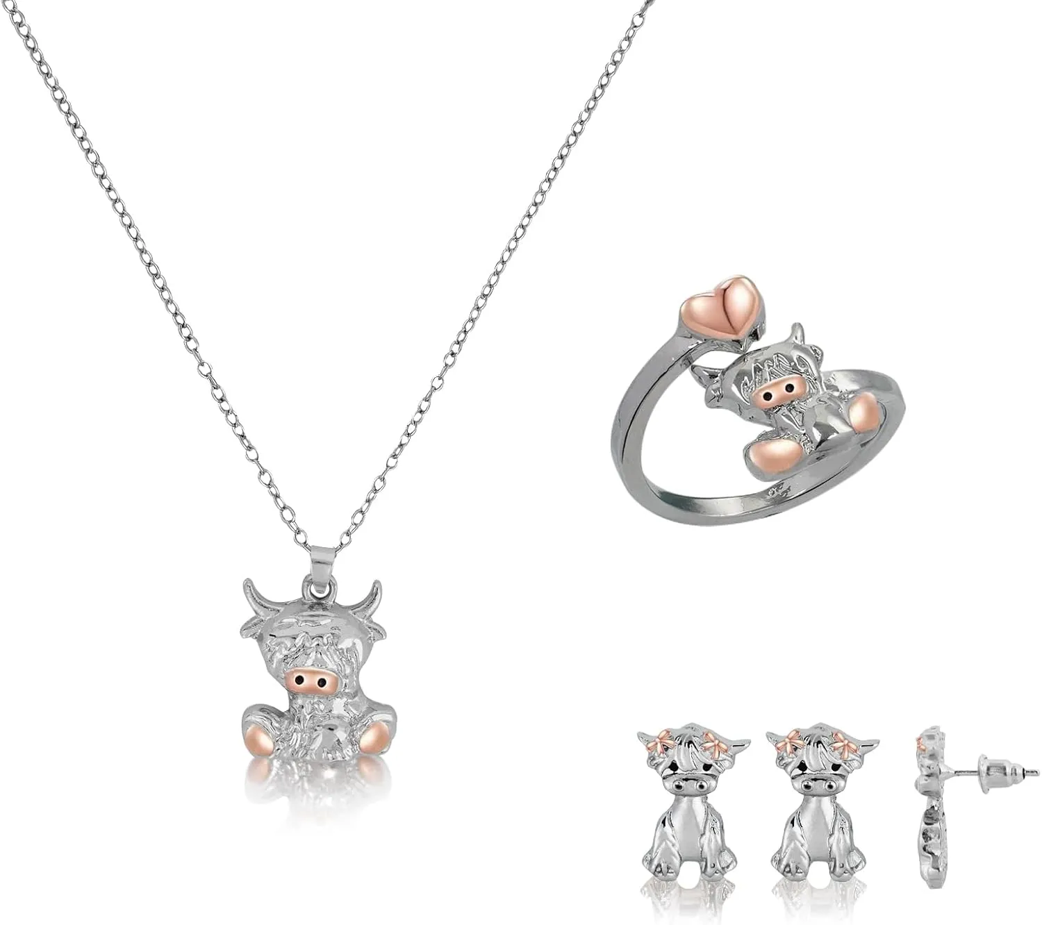 LiYiQ 3 Pcs Highland Cow Necklace, Earrings and Ring - Cute Scotland Cow Gift Set - Western Jewelry Gifts for Women, Girls and Lovers