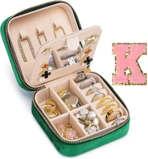 LOIDOU Travel Jewelry Box for Women Girls, Small Plush Velvet Initial Jewelry Holder Organizer, Personalized Christmas Gift for Women Teen, Ring Necklace Earring Case with Mirror