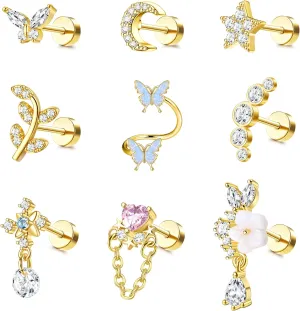 LOLIAS 16 Gauge Cartilage Earrings Helix Earrings for Women Stainless Steel Helix Piercing Jewelry Leaf Butterfly CZ Studs Flat Back Cartilage Earrings Set 9Pcs