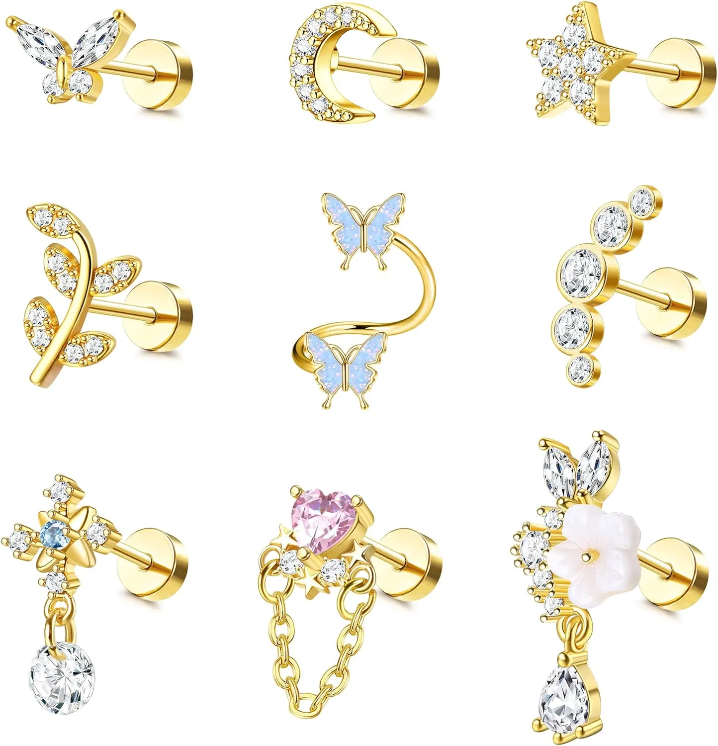 LOLIAS 16 Gauge Cartilage Earrings Helix Earrings for Women Stainless Steel Helix Piercing Jewelry Leaf Butterfly CZ Studs Flat Back Cartilage Earrings Set 9Pcs