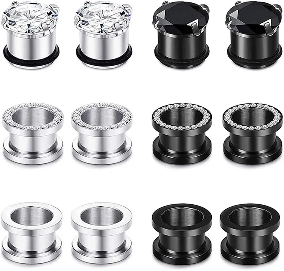 Longbeauty 12pcs Gorgeous Cubic Zirconia Tunnels 316L Stainless Steel Ear Gauges Earring Plugs for Ears Screw Fit Body Piercing Jewelry 4g-3/4