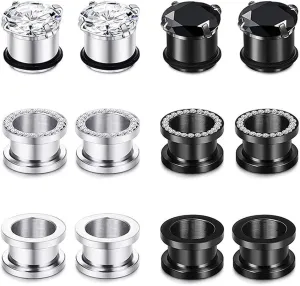Longbeauty 12pcs Gorgeous Cubic Zirconia Tunnels 316L Stainless Steel Ear Gauges Earring Plugs for Ears Screw Fit Body Piercing Jewelry 4g-3/4