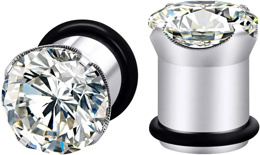 Longbeauty 12pcs Gorgeous Cubic Zirconia Tunnels 316L Stainless Steel Ear Gauges Earring Plugs for Ears Screw Fit Body Piercing Jewelry 4g-3/4