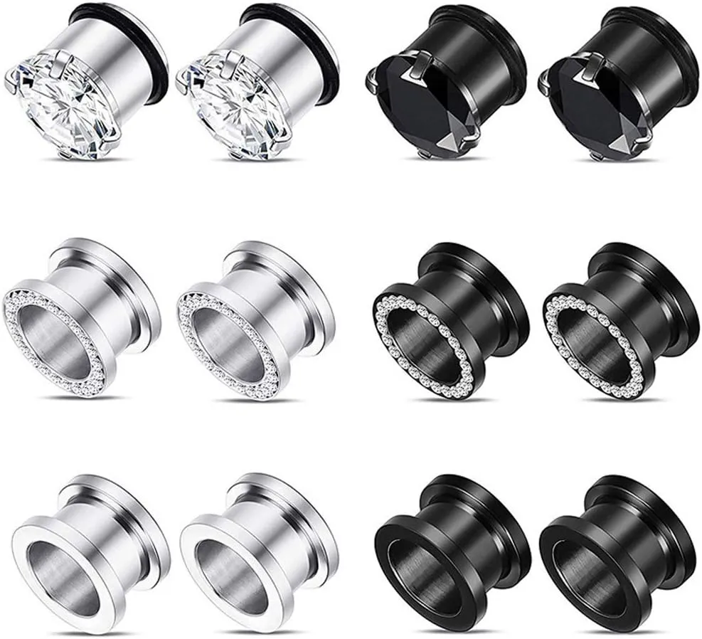 Longbeauty 12pcs Gorgeous Cubic Zirconia Tunnels 316L Stainless Steel Ear Gauges Earring Plugs for Ears Screw Fit Body Piercing Jewelry 4g-3/4