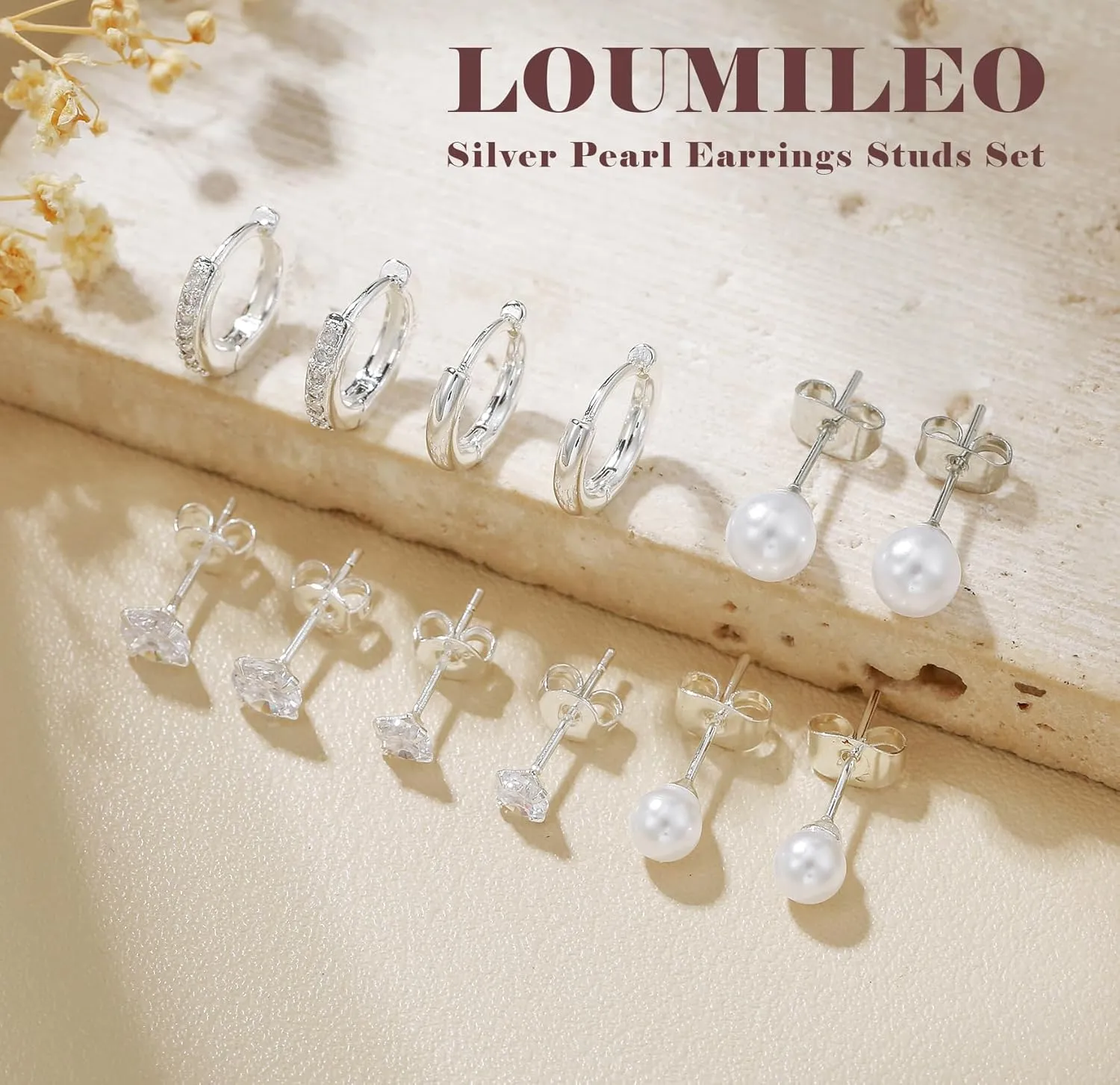LOUMILEO 6 Pairs Pearl Earrings Set Hypoallergenic Small Sterling Silver Stud Earrings for Women Man 3-10MM Tiny Cartilage Piercing Pearl Studs for Multiple Piercing